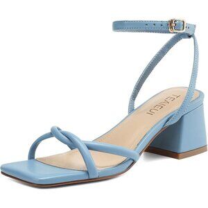 Women's Blue Open Square Toe Chunky Block Sandals Chic Strappy Heels Shoes